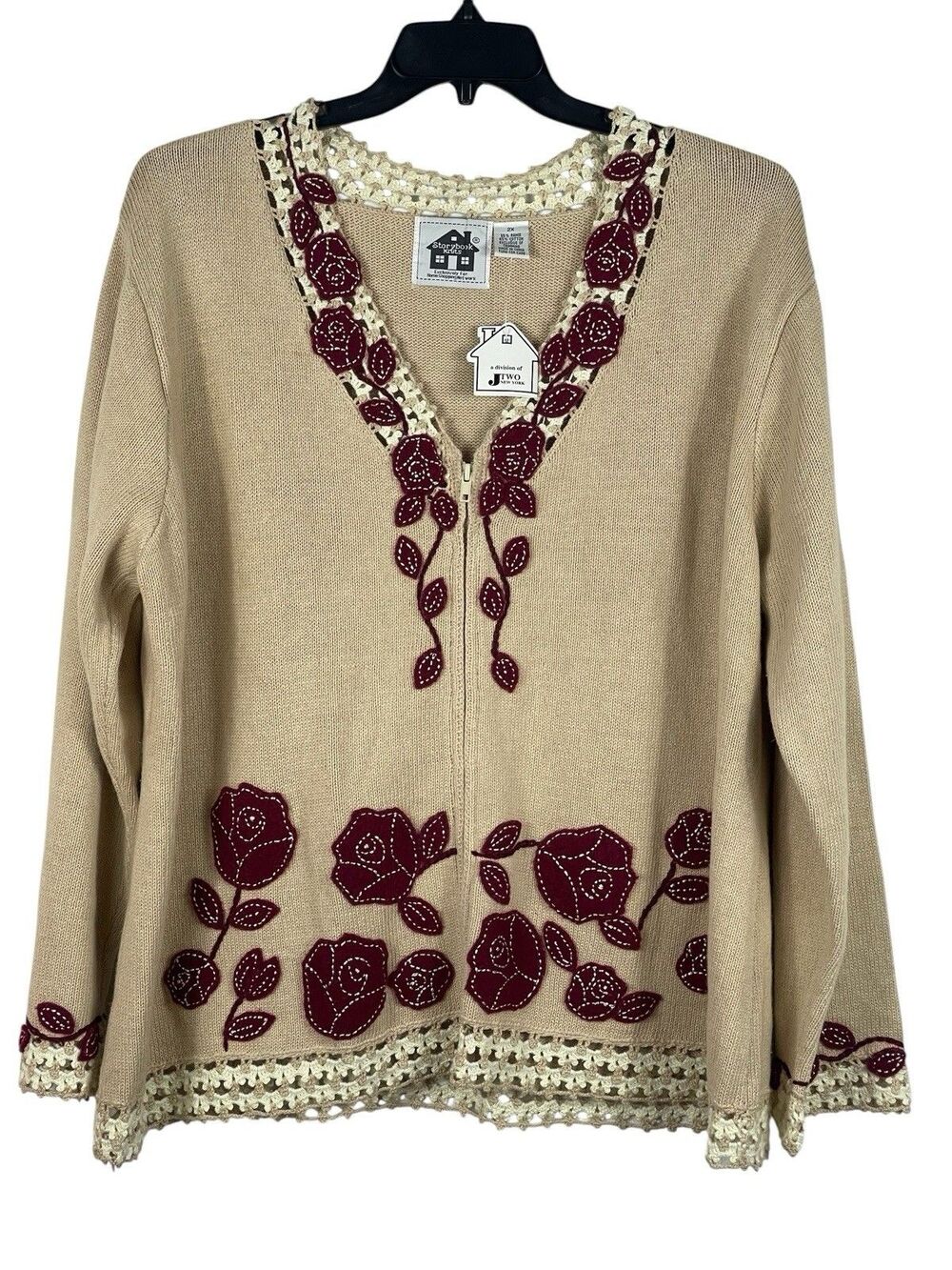 Storybook Knits 2X Beige Ramie Cotton Sweater Embroidered Flowers Cottage NWT